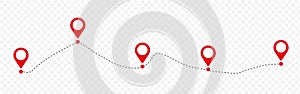 Line drawing of map location pointers. Map pin or navigation pointer with single line route or way. Vector illustration