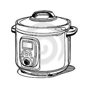 The line drawing of a modern electric pressure cooker on white background.