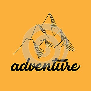 Line drawing of mountains and adventure concept