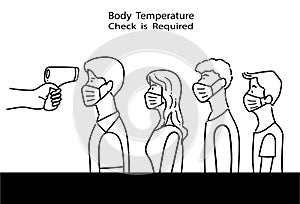 Line drawing of People lining up for body temperature check before entry, COVID-19 prevention