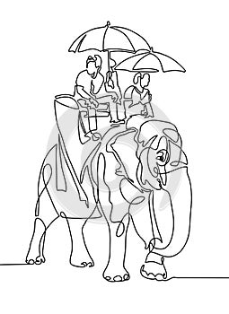 line drawing - people under umbrellas from the sun ride on an elephan