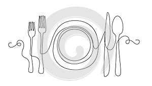 Line Drawing Plate, Spoon, Khife, Fork