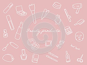 Line drawing set of beauty products. White and pink