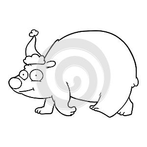 line drawing of a walking polar bear wearing santa hat