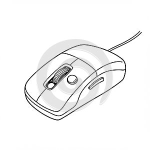 Line drawing of a wired computer mouse. Features include two buttons and a scroll