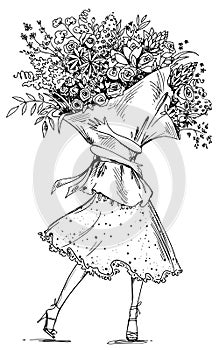Line drawing of a woman holding  huge flower bouquet vector illustration