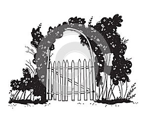 Line drawing of a wooden garden arch gate with rose bushes