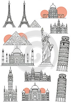 Line drawings of iconic world landmarks, including the Eiffel Tower, Pyramids of Giza, photo