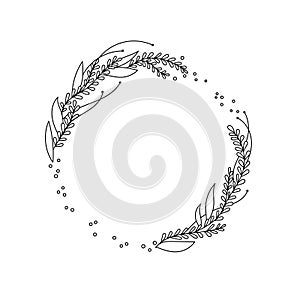 Line drawn wild grass wreath. Vector vintage botanical. Hand drawn ink silhouette with plant, branches, leaves isolated