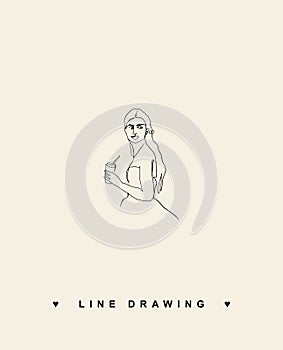 Line-drawn woman. Girl with coffee. Woman in a dress. Bride line drawing. Young girl in dress drawing by line. Vector line drawing