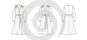 A-line dress with overlapped front, ruching shoulder and belt, flat sketch, front and back views, with measurement guide