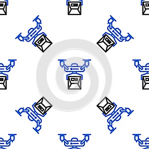 Line Drone delivery concept icon isolated seamless pattern on white background. Quadrocopter carrying a package