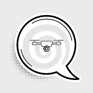 Line Drone flying with action video camera icon isolated on grey background. Quadrocopter with video and photo camera