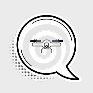 Line Drone flying icon isolated on grey background. Quadrocopter with video and photo camera symbol. Colorful outline