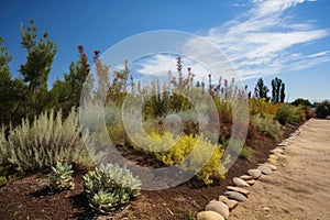line of drought-tolerant plants with clear blue sky and clouds in the background