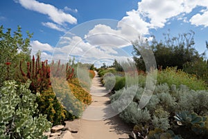 line of drought-tolerant plants with clear blue sky and clouds in the background