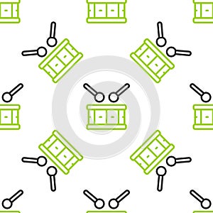 Line Drum with drum sticks icon isolated seamless pattern on white background. Music sign. Musical instrument symbol