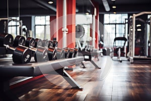 A line of dumbbells neatly arranged in a gym, providing essential fitness equipment for effective strength training workouts, Gym