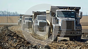 A line of dump trucks unloading gravel onto a freshly leveled plot of land