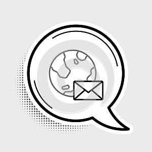 Line Earth globe with mail and e-mail icon isolated on grey background. Envelope symbol e-mail. Email message sign