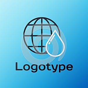 Line Earth planet in water drop icon isolated on blue background. Saving water and world environmental protection