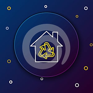 Line Eco House with recycling symbol icon isolated on blue background. Ecology home with recycle arrows. Colorful