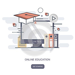 On line education, training, on line tutorial, e-learning concept. Flat vector