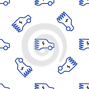 Line Electric car and electrical cable plug charging icon isolated seamless pattern on white background. Renewable eco