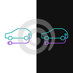 Line Electric car and electrical cable plug charging icon isolated on white and black background. Renewable eco technologies. Colo