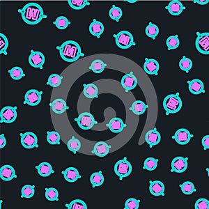 Line Electric circuit scheme icon isolated seamless pattern on black background. Circuit board. Vector Illustration