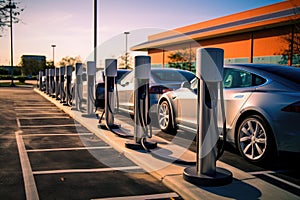 A line of electric vehicles parked together in an organized row, Charging stations in a parking lot full of electric cars, AI