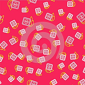 Line Electric wiring of socket in fire icon isolated seamless pattern on red background. Electrical safety concept. Plug