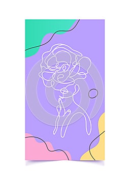 Line face person illustartion. Vector flyer with woman on purple background. Minimalistic cover with fluid elements. Vector