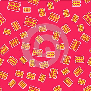 Line False jaw icon isolated seamless pattern on red background. Dental jaw or dentures, false teeth with incisors