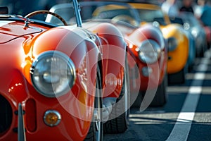 A line of fast and colorful sports cars in vibrant red and yellow colors parked side by side, A set of sports cars lined up at the