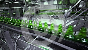 line for filling beer in a brewery. Empty green glass bottles moving on a conveyor belt in a queue at a beer factory.