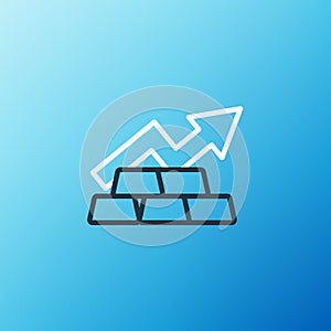 Line Finance growth chart arrow with gold bars icon isolated on blue background. Financial success concept. Gold