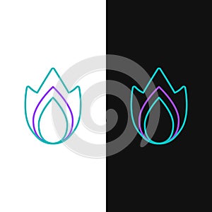 Line Fire flame icon isolated on white and black background. Heat symbol. Colorful outline concept. Vector