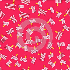 Line Fire hose reel icon isolated seamless pattern on red background. Vector