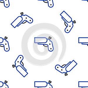 Line Flare gun pistol signal sos icon isolated seamless pattern on white background. Emergency fire shoot target smoke