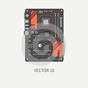 Line flat color vector computer part icon motherboard. Cartoon. Digital gaming and business office pc desktop device