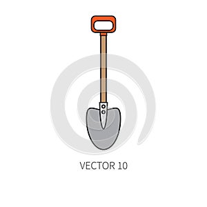 Line flat color vector icon garden tool - shovel. Cartoon style. Vector illustration and element for your design and