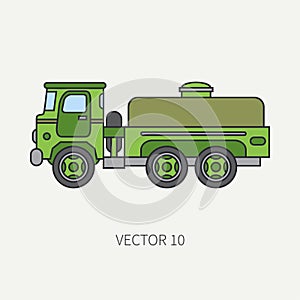 Line flat color vector icon service staff refueller army truck. Military vehicle. Cartoon vintage style. Cargo