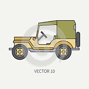 Line flat color vector icon service staff tarpaulin body army car. Military vehicle. Cartoon vintage style. Cargo