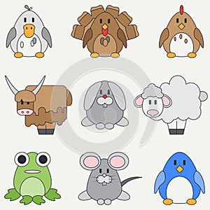 Line flat color vector icon set with cute animals for baby products. Cartoon style. Childrens doodle. Babyhood. Newborn