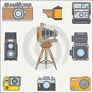 Line flat color vector icon set with retro analog film cameras. Photography and art. Reflex 35mm photocamera. Cartoon