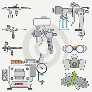 Line flat color vector icons set of drawing instruments for aerography. Cartoon style. Drawing. Airbrush. Art