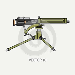 Line flat color vector military icon - machine gun. Army equipment and armament. Legendary retro weapon. Cartoon style