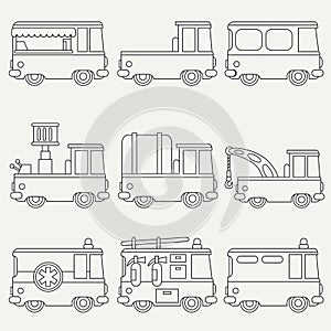 Line flat monochrome vector icon set cute retro city auto . Emergency assistance vehicle. Cartoon style. Urban truck