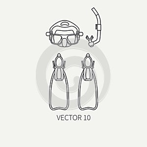 Line flat plain vector diver underwater equipment icon diver mask, snorkel, flippers. Retro style. Ocean deep, sea beach